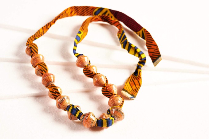 Paper bead necklace with African fabric ribbon "Songky Cloth" from PEARLS OF AFRICA
