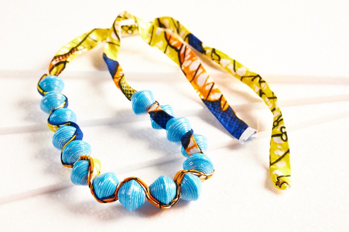 Paper bead necklace with African fabric ribbon "Songky Cloth" from PEARLS OF AFRICA