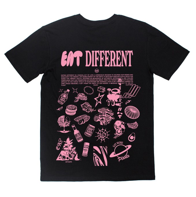 Eat Different - Pink on Black T-Shirt from Plant Faced Clothing