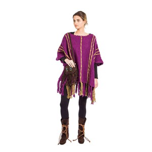 Poncho Plum Purple Ochre - Womens Eco Wool Fringed Poncho from Quetzal Artisan