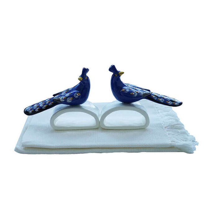 Blue Peacock Napkin Rings - With Cotton Napkins - Fairtrade from Quetzal Artisan