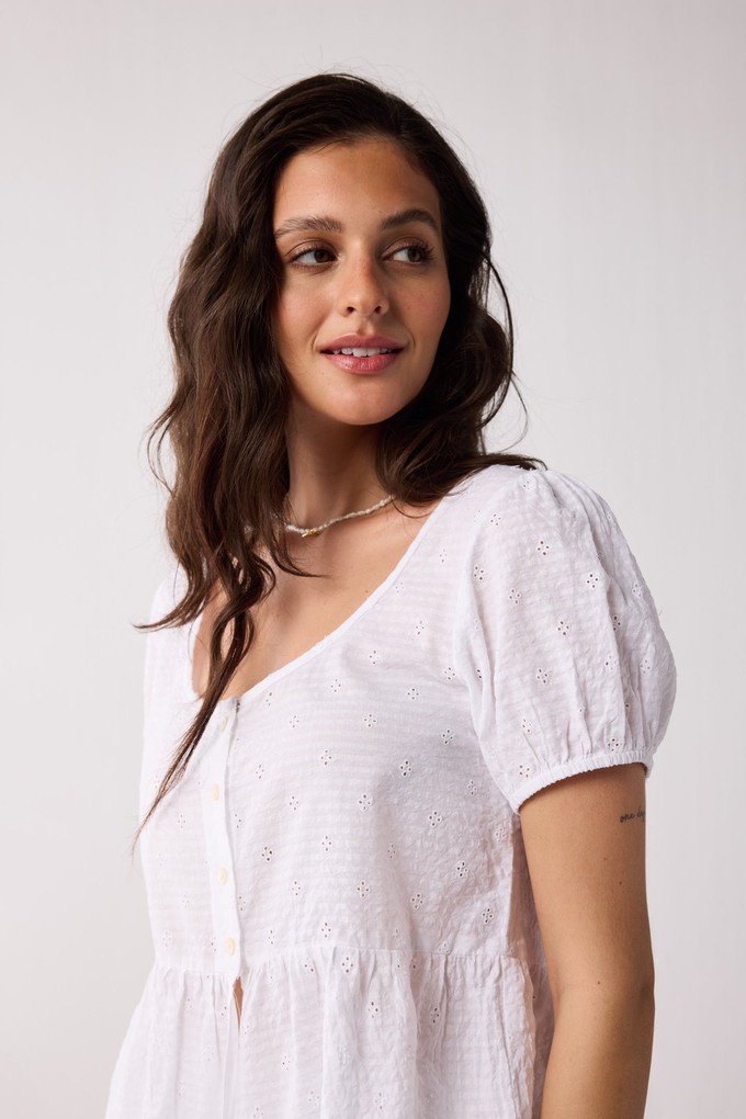 Embroidered Peplum Top with Puff Sleeves in White from Reistor