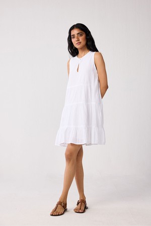 Embroidered Everyday Sleeveless Short Tiered Dress in White from Reistor