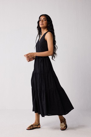 Sleeveless Embroidered Wrap Dress with Tiers in Black from Reistor