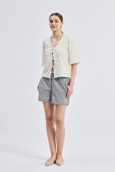 Relaxed Fit Top With Ruffles and Front-Ties in Cream via Reistor