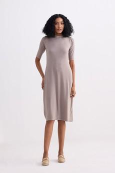 High Crew Neck Elbow Sleeves Fitted Dress in Earth Grey via Reistor
