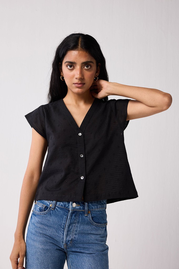 V-Neck Embroidered Top with Front Buttons in Black from Reistor