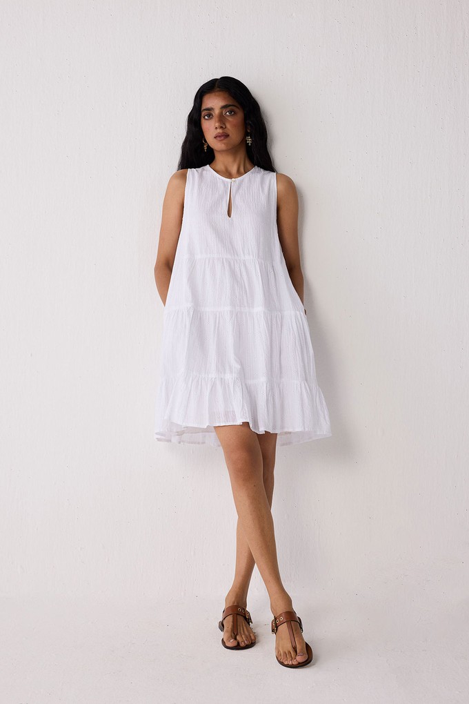Embroidered Everyday Sleeveless Short Tiered Dress in White from Reistor