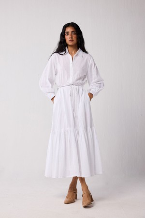 Embroidered Flowy Maxi Tiered Dress in White from Reistor