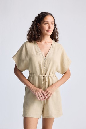 V neck Drawstring Romper in Neutral Beige from Reistor