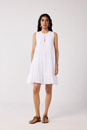 Embroidered Everyday Sleeveless Short Tiered Dress in White from Reistor