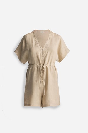 V neck Drawstring Romper in Neutral Beige from Reistor