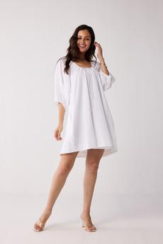 Puff Sleeved Dress with Drawstring Neckline via Reistor
