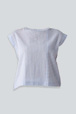 Button-Back Crew Neck Top in Blue Stripes from Reistor
