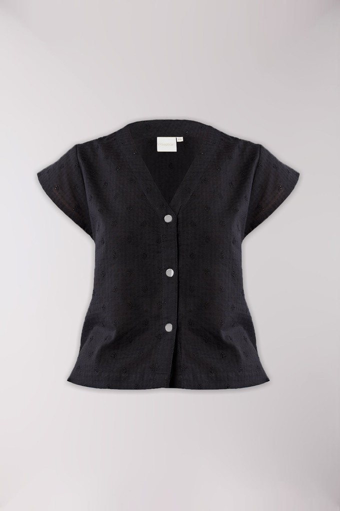 V-Neck Embroidered Top with Front Buttons in Black from Reistor