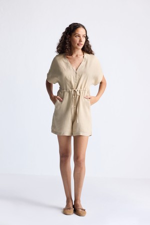 V neck Drawstring Romper in Neutral Beige from Reistor