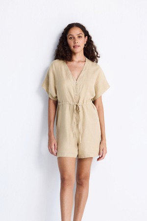 V neck Drawstring Romper in Neutral Beige from Reistor