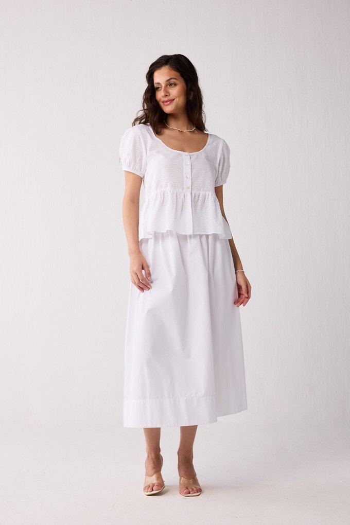 Embroidered Peplum Top with Puff Sleeves in White from Reistor