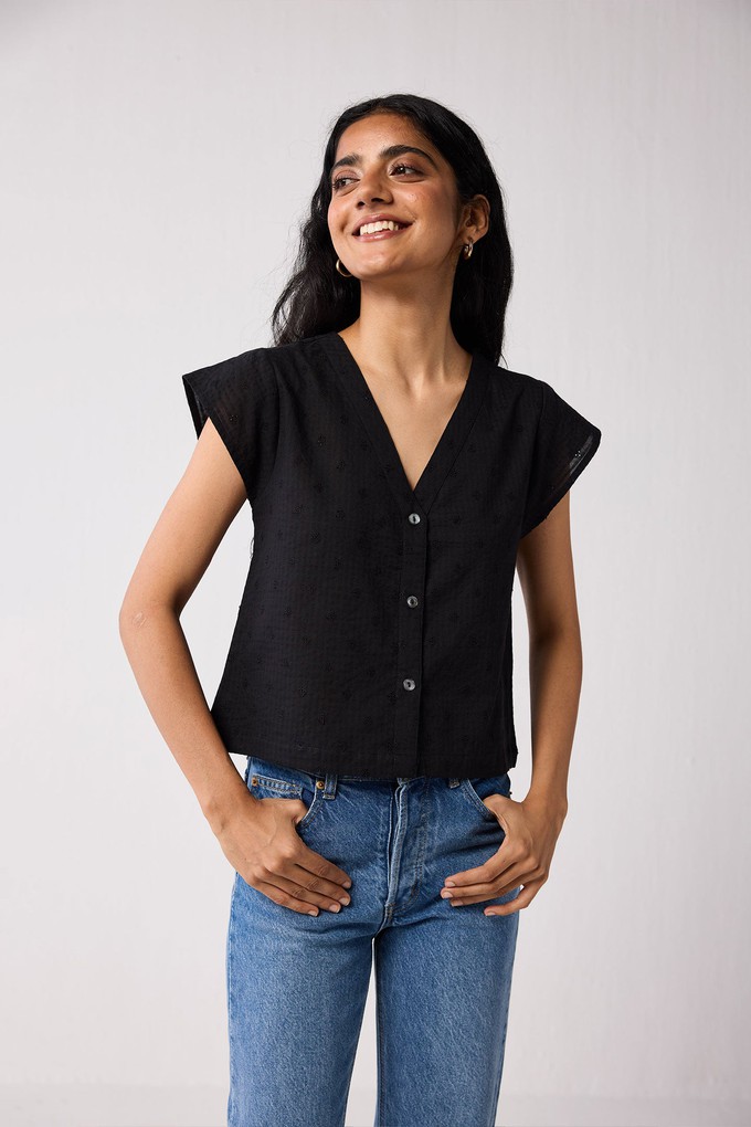 V-Neck Embroidered Top with Front Buttons in Black from Reistor