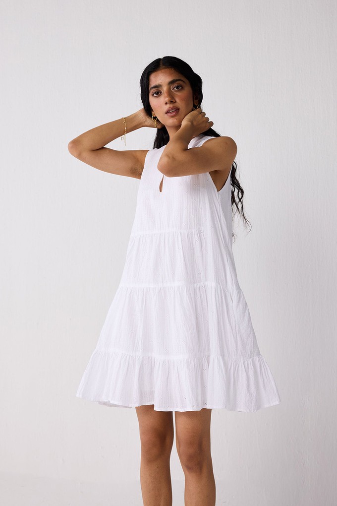 Embroidered Everyday Sleeveless Short Tiered Dress in White from Reistor