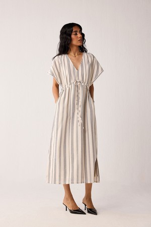 Maxi Gathered Dress with Side Slits in Stripes from Reistor