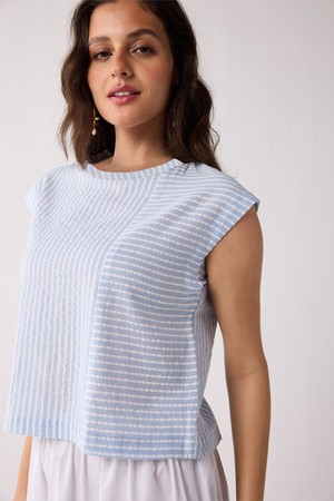 Button-Back Crew Neck Top in Blue Stripes from Reistor