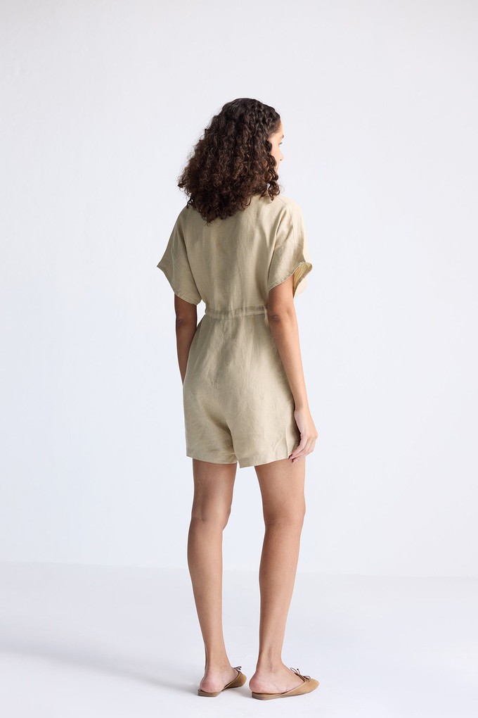 V neck Drawstring Romper in Neutral Beige from Reistor