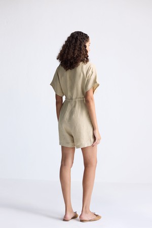 V neck Drawstring Romper in Neutral Beige from Reistor