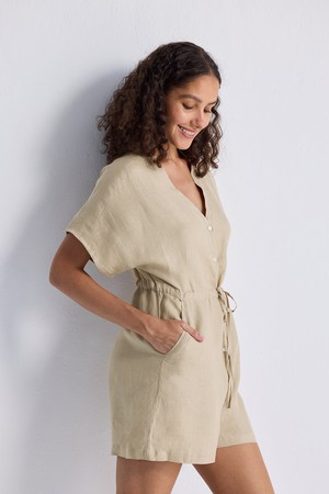 V neck Drawstring Romper in Neutral Beige from Reistor