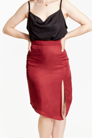 Dark Red Vegan Silk High Waisted Split Skirt from Roses & Lilies