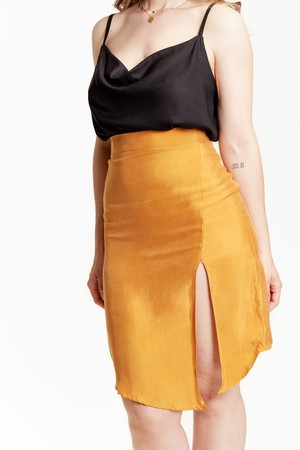 Gold Vegan Silk High Waisted Split Skirt from Roses & Lilies