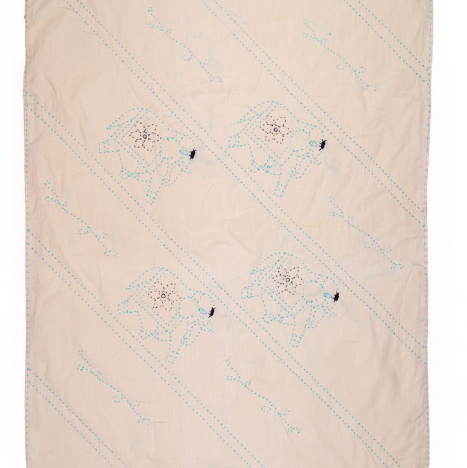 Embroidered, 100% cotton kantha baby blanket in pink and white elephant design by Khushi Kantha from Shakti.ism