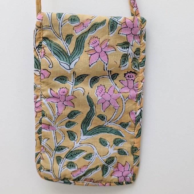 Yellow Block-Printed Crossbody Mobile Phone Cell Phone Bag With Slim Pocket from Shakti.ism