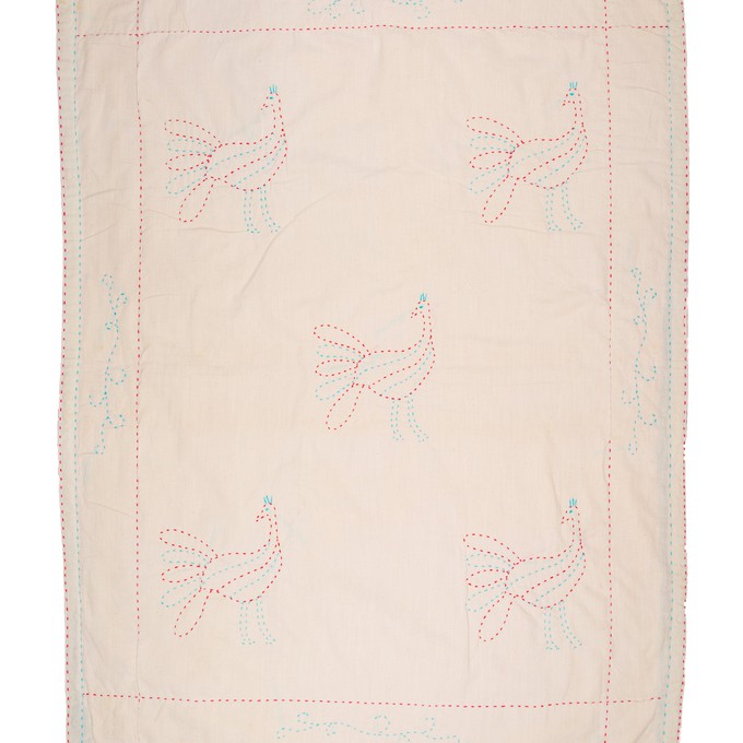 Embroidered, 100% cotton kantha baby blanket in grey and white peacock design by Khushi Kantha from Shakti.ism