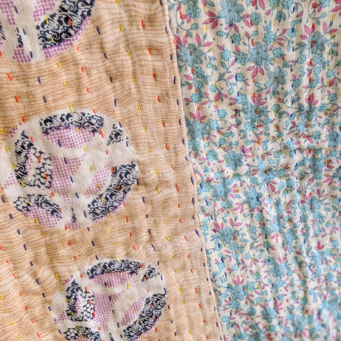 Mini kantha quilt in shades of blue, pink & beige, handwoven in Bangladesh from Shakti.ism
