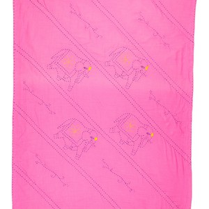 Embroidered, 100% cotton kantha baby blanket in pink and white elephant design by Khushi Kantha from Shakti.ism