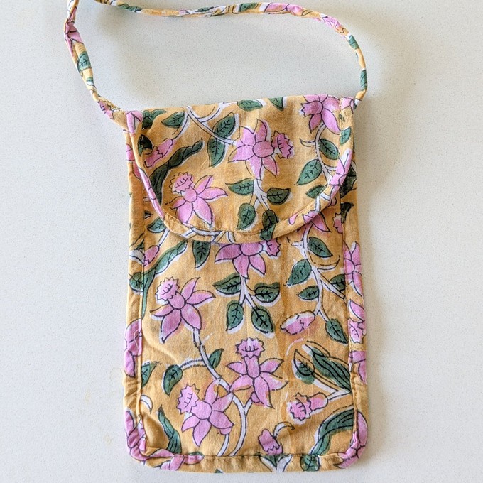 Yellow Block-Printed Crossbody Mobile Phone Cell Phone Bag With Slim Pocket from Shakti.ism