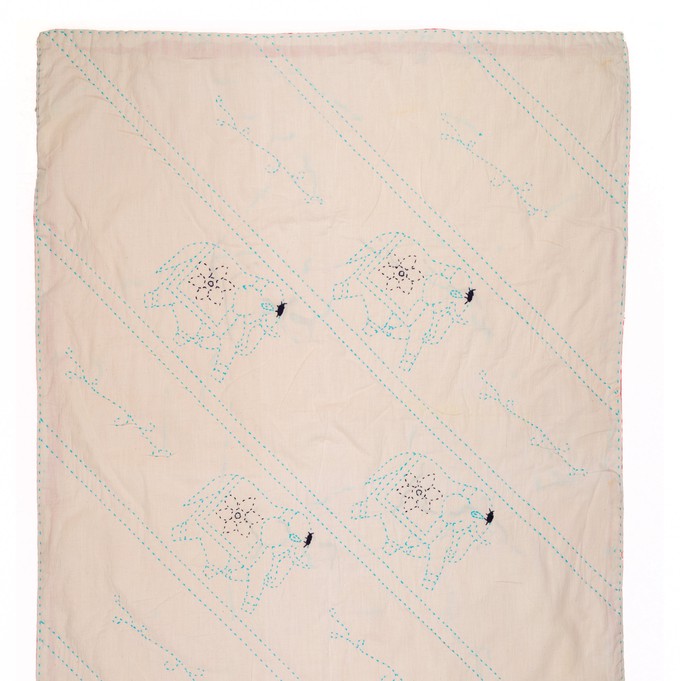 Embroidered, 100% cotton kantha baby blanket in red and white elephant design by Khushi Kantha from Shakti.ism