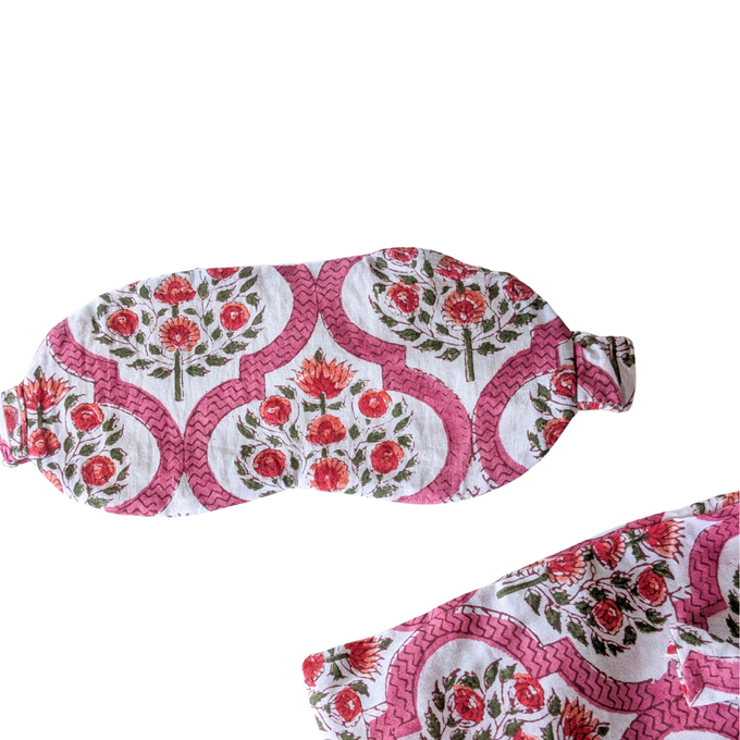 Pink block printed cotton sleep eye mask with drawstring pouch, ethically handmade in India from Shakti.ism