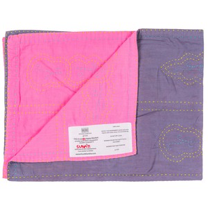 Embroidered, 100% cotton kantha baby blanket in pink and grey leaf design by Khushi Kantha from Shakti.ism