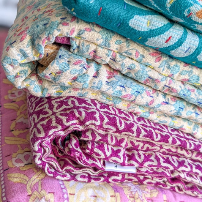Mini kantha quilt in shades of blue, pink & beige, handwoven in Bangladesh from Shakti.ism