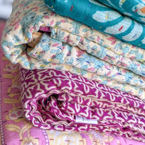 Mini kantha quilt in shades of blue, pink & beige, handwoven in Bangladesh from Shakti.ism