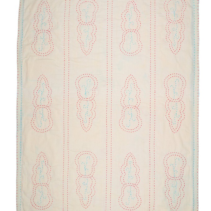 Embroidered, 100% cotton kantha baby blanket in red and white leaf design by Khushi Kantha from Shakti.ism