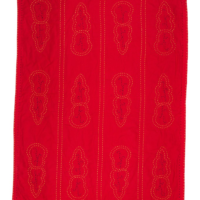 Embroidered, 100% cotton kantha baby blanket in red and white leaf design by Khushi Kantha from Shakti.ism