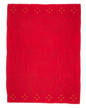 Embroidered, 100% cotton kantha baby blanket in pink and red geometric design by Khushi Kantha from Shakti.ism