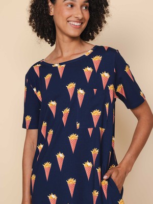 Fries Navy T-shirt Dress Dames from SNURK