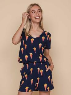 Fries Navy V-neck T-shirt en Shorts set Dames via SNURK