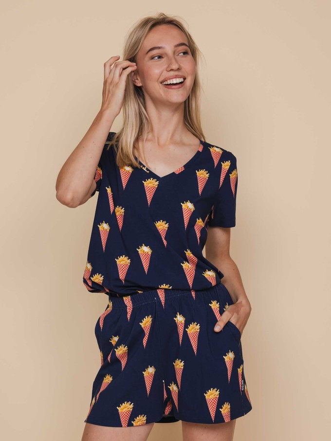 Fries Navy V-neck T-shirt en Shorts set Dames from SNURK
