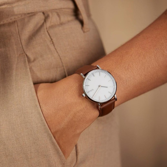 White Solar Watch | Brown Vegan Leather from Solios Watches