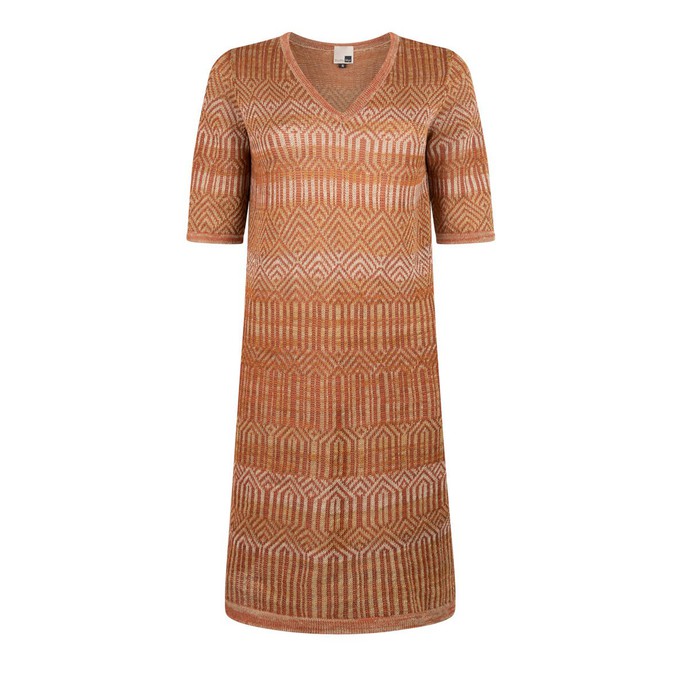 Himba Graphic Jacquard Linen Blend Knitted Dress With Belt - Brown/Neutrals Blend from STUDIO MYR